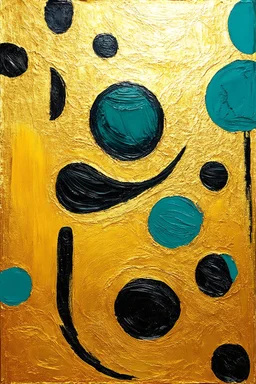 create picture of "Create an abstract painting in a vertical format, dominated by rich shades of yellow, teal, golden, and shimmering gold. Emphasize textured surfaces and incorporate swirling, crescent-moon-like shapes. Include subtle hints of intricate, calligraphic-inspired details in black within golden big circular or oval forms."