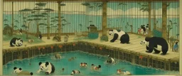 A pool filled with pandas painted by Utagawa Hiroshige