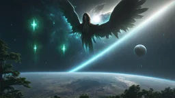 matrix universe, space, planets, god creation, angels from other dimensions with beautiful wings, trees on the planet, behind green crystals of light, few tiberium monolith deposits on the planet near tree,