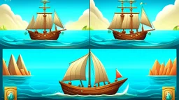 Game UI: Boat Sailing Layout: Split screen (top 3/4: game world, bottom 1/4: controls) Game World: Stylized sailboat (single mast, billowing sail), ocean environment (waves, horizon), optional obstacles. Subtle wind direction indicator. Controls: Steering wheel or left/right arrows Hoist/Lower Sail buttons (icons) Adjust Sail Angle buttons (up/down arrows) Optional: Speed indicator, wind strength indicator, minimap Style: Clean, simple, muted colors,
