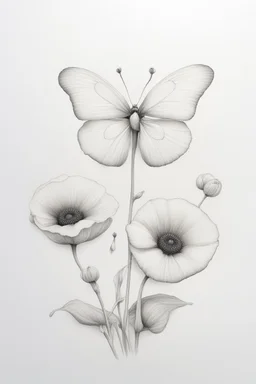 A white butterfly Minimalist white ink pencil and white drawing of white poppie in a white background
