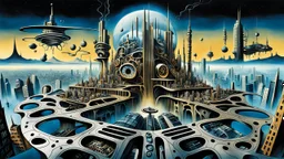 a stunningly weird image of a futuristic metropolis using Salvador Dali's paranoiac-critical method, where buildings and structures appear to melt into the skyline cityscape is filled with floating mad, twisted sharp metal shapes that interact with the buildings and each other, forming a surreal tableau of a dreamlike reality. neu-steampunk vibe, essence of the scene in a cinematic manner, with dramatic shadows that enhance the distorted perspectives and bizarre
