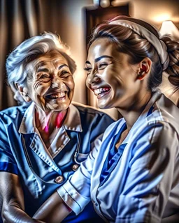 A warm, inviting image of a caring nurse providing personalized care to a smiling patient at home