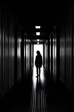A girl walks down a dimly lit hospital corridor. The lights are not on everywhere. We see the girl's silhouette instead. Black in white.