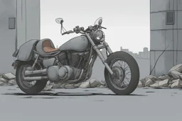 motorcycle, comic book,post-apocalypse, gray background,