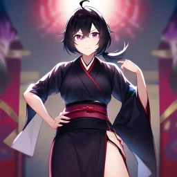 Clear focus, High resolution, Black hair, low small ponytail, purple dead eyes, japanese outfit, serious expression, one arm on hip, other hand free, purple red white and black outfit, short skirt, split in skirt, ahoge, (solo), hair between eyes,