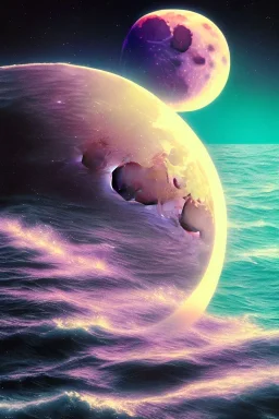 1980's vaporwave aesthetic moon crescent floating in the ocean