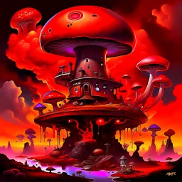 A fantabulous black, red, and orange (((mushroom tower house))) erected atop a (geologic pillar), surrounded by the uncanny imaginative ((( swirling skies))), offset by the stark hues of a (neon-tinged nebulous space scape), within. captured by the hand a skilled master painter with a focus on (softly blurred compositions and voluminous lighting).