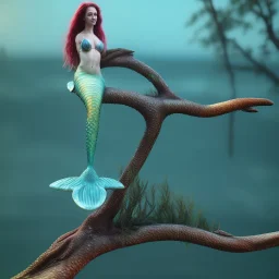 mermaid sits on the tree branch