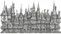 A highly detailed front elevation line drawing of a row of crooked fantasy houses, with twisted tall chimneys, rooms and floors added to sides and roofs, like Harry Potter's Diagon Alley.