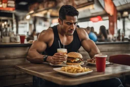 A hyper-realistic ,handsome very muscular Latino man wearing nerdy sleeveless shirt eating at a burger joint, simetric body, full body, Photo Real, HOF, full size, practicality,manufacturability,performance, (((realism, realistic, realphoto, photography, portrait, realistic, elegant, charming, apocalyptic environment, professional photographer, captured with professional DSLR camera, trending on Artstation, 64k, ultra detailed, ultra accurate detailed, bokeh lighting, surrealism, Thomas Kinkade