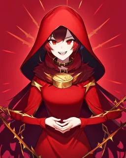 Smiling, girl with red clothes and a long Red blouse with a hood like that with fur on it, red eyes, has a personality evil, her teeth are sharp and one of them is gold, the one in the top left corner, Wears a collar with thorns around her neck, she is always irritated, dark red background