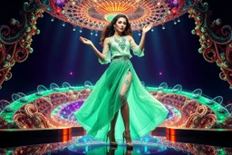 a very beautiful lady with makeup and curvy hair, wearing a pretty green jewelled long skirt with blouse and high heels, dancing over a modern stage with luxury metalic fractal recursive animating structures and dynamic color lights.3by 2