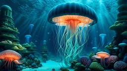 A colossal underwater city, illuminated by fantastical bioluminescent jellyfish, sprawls across an otherwordly ocean floor, its towering aquatic structures adorned with sparkling coral and shimmering seaweed. Render it in a hyperrealistic style, capturing the intricate details and the otherworldly silence of this aquatic metropolis.” (Mysterious, science fiction, fantasy)