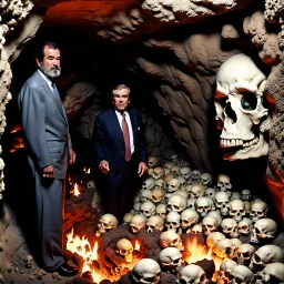 Saddam and George Bush in cave surrounded by skulls in the cave walls in hell fire