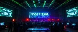 giant industrial halls green tube lighting choir vocals ancient-celtic-meets-cyberpunk imagery synchronized mechanical drumming flickering CRT screens saying "PSYSTEMA STABILE"