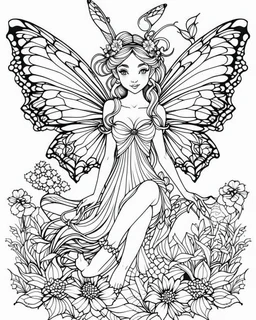 The fairy coloring page cartoon is simple, with bold precise clear lines, no color, white background.