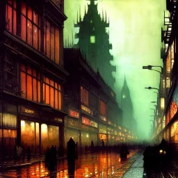 Corner building Metropolis, detailed facades ,dark colours, watercolor, by john atkinson Grimshaw, detailed painting,matte painting, alphonse mucha, greg rutkowski,