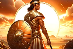 Digital art, high quality, digital masterpiece, natural illumination, sunset, summer time, Spotlight, realistic, action film style, magazine style, (full body:2.5), (1 handsome young peruvian man on Inca Armor, under a Shield with a Sun on it:3), (Strong:1.2), (Handsome, attractive male:1.5), (Fierce eyes:1.1), (Dark brown hair:1.8), (Defending with a shield:1.5), on a Broken wall, inca ruins