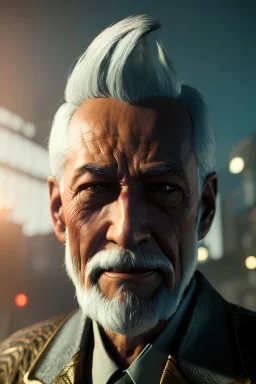 Old man Cyborg anime warrior, grey hair, trimmed grey goatee, brown eyes, waist up portrait, 4k resolution, intricate details, ornate details, soft lighting, vibrant colors, retroanime, futuristic cityscape background