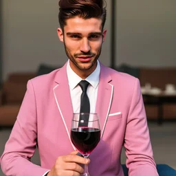 man in a pink suit and a glass of red wine in his hand