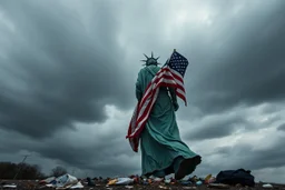 the statue of liberty, dress dirty and torn, her face solemn and terse, trash littered at her feet, she holds a crumpled american flag, she walks away with back turned under a dark and dreary sky, wide angle