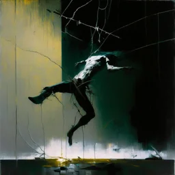 Minimal abstract oil paintings falling person limbs sinew and concrete fragments and hanging wires illuminated at night style of Justin Mortimer and Phil Hale