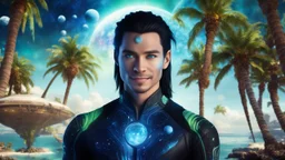 beautiful gorgeous young man na'vi with long hair, Avatar, blue skin, two small ears, green eyes, black hair, in cosmic suit, galactic ambiance, medium pointy goatee , smiling, with spaceship and planets and palm trees and clear crystaline cosmic beach in background