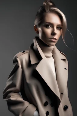 an image of a female model in a beige wool coat. light grey background. fashion style photo