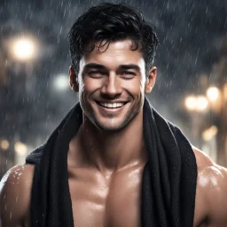 Hyper realistic extremely handsome muscular short black hair man smiling & wearing a black towel at rainy night