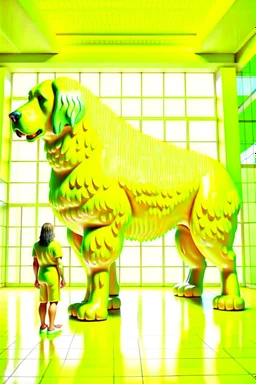 humans obey front of the huge yellow-white big dog, myistic atmhosphare. Realistic, render, 4k