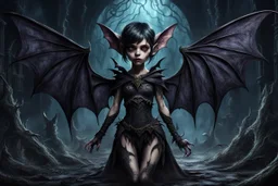 A tiny, female, cursed pixie with bat-wings and dark shadows surrounding her. detailed, surreal atmosphere, dark fantasy