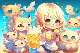 cute blonde chibi girl with an iced cocktail surrounded with cute chibi animals (mostly cats) in sunshine