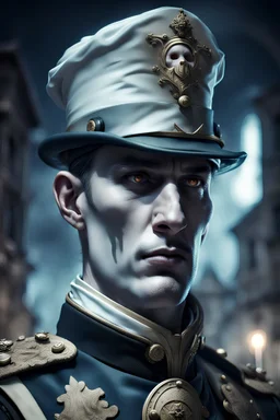 fantasy portrait of an transparent town guardsman who is a ghost. he has a gaunt face and looks tired