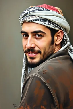 A young Palestinian man, forty years old, wearing a keffiyeh, has a beautiful face, turns his face to the right, has a slight smile, his mouth is closed and his teeth are not visible, his eyes are looking to the left, he appears to be drawn with oil paints