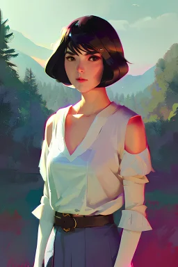 Highly detailed portrait of stunningly beautiful woman, Atey Ghailan, by Loish, by Bryan Lee O'Malley, by Cliff Chiang, by Greg Rutkowski, inspired by image comics, inspired by graphic novel cover art, inspired by nier!! wooden farm color scheme ((farm background)), trending on artstation