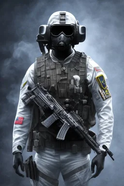 All Black American soldier, high tech special forces helmet, navy seals soldier, G.I. Joe, white smoke, dark, rage, sorrow, high definition, ultra 8 k, volumetric lighting, blue fire, fog