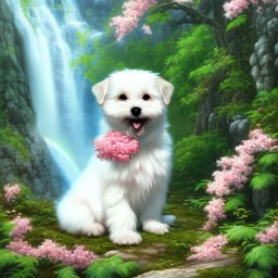 chiot bichon maltais blanc montrant son bout de langue rose entouré de cerisiers du japon et une cascade d'eau lumineuse