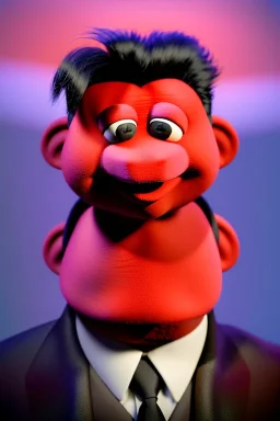 Waist up muppet Portrait, Kim Jong-un muppet doll, black suit, photo studio, red background, unreal engine 5, concept art, art station, god lights, ray tracing, RTX, lumen lighting, ultra detail, volumetric lighting, 3d.