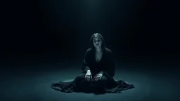 A solitary woman sitting alone in an endless void of darkness, pale skin, large hollow dark eyes with deep shadows underneath, wearing tattered black robes, empty expression, staring into nothingness. Only a faint circle of dim light surrounds her. Absolute loneliness, emotional emptiness, existential despair, abandonment, silence, vast darkness consuming everything beyond the light. No other people, no faces, no eyes, no creatures, no monsters, no silhouettes, no figures in the shadows, no watc