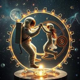 cifi recursive structures ,gears ,torus, crystal spheres in a galaxsy background,a Astronaut couple dancing