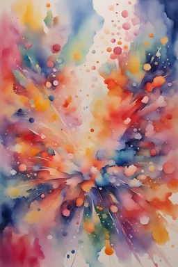 Watercolor, abstract, impressionist, not much detail, patterns: Dive into a burst of vibrant colors, resembling an explosion of joy on canvas, with soft edges and a whimsical dance of pigments that invites the viewer to lose themselves in the kaleidoscopic bliss.