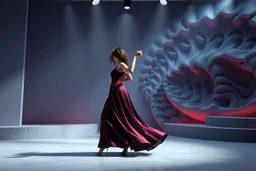 modern stage with gray-blue theme artistic decoration , color full dynamic lighting, a beautiful lady in modern maxy dark purple red dress with shining silver jwells dancing, 3D recursive fractal structure animating background