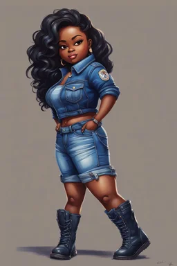 n this expressive oil painting illustration, we encounter a chibi cartoon rendition of a voluptuous black female exuding confidence and style. She stands proudly in her blue jean outfit, the denim fabric hugging her curves in all the right places. Her attire is completed by a pair of sleek biker boots, adding a touch of edginess to her ensemble. The character's face is adorned with prominent makeup, enhancing her features with bold colors and sharp lines. Her hazel eyes sparkle with a hint of m