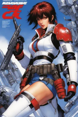 This magazine cover by Masamune Shirow depicts a futuristic female warrior dressed in lightweight combat gear that blends technological aesthetics with fashion elements. The character wears a white jacket adorned with red armor plates, emphasizing protection and agility. A cropped blue tactical vest and denim shorts convey dynamism and strength. The gear includes knee pads, a tactical belt, and multifunctional gloves, highlighting combat readiness. The headgear features goggles and a communicati