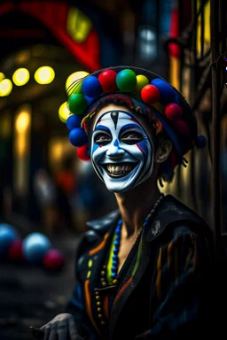 hyper real oil painting portrait of juggling laughing dreaming harlequin in cable trolley in goth ruins background, zeiss prime lens, bokeh like f/0.8, tilt-shift lens 8k, high detail, smooth render, down-light, unreal engine, prize winning