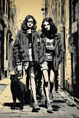 Design a detective book cover for teenagers. A teenage girl in the centre, one boy on her left, and one on her right are on the town street. Black cat at girl's legs. Banksy style, pop art style, dark mood