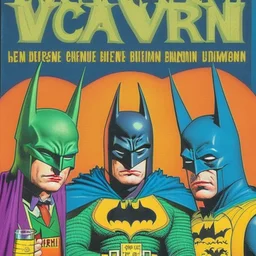 A 1980 comic cover of a dark universe masonic sad drunk batman cosplay convention, green batman, orange batman, cyan batman, white batman.