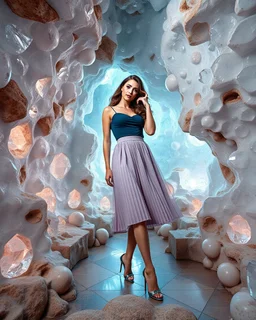 make a picture pretty cave made of crystal diamond 3d fractal recursive cubic and sphere base structures and a beautiful fashion model lady posing with cute,with dark cyan decholte top and pretty pleated midi skirt,siver high heels ,makeup curvy long hair,dynamic camera zoom to full body and pan, dynamic lights.
