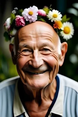 old man with bald head with flowers on head and happy